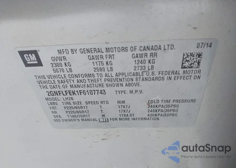 2015 Chevrolet Equinox 1Lt из США, поврежденный, VIN 2GNFLFEK1F6107743